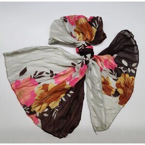 Accordion Pleated Rectangle Scarf Brown Gray Pink Floral Polyester 23"x60" B&K